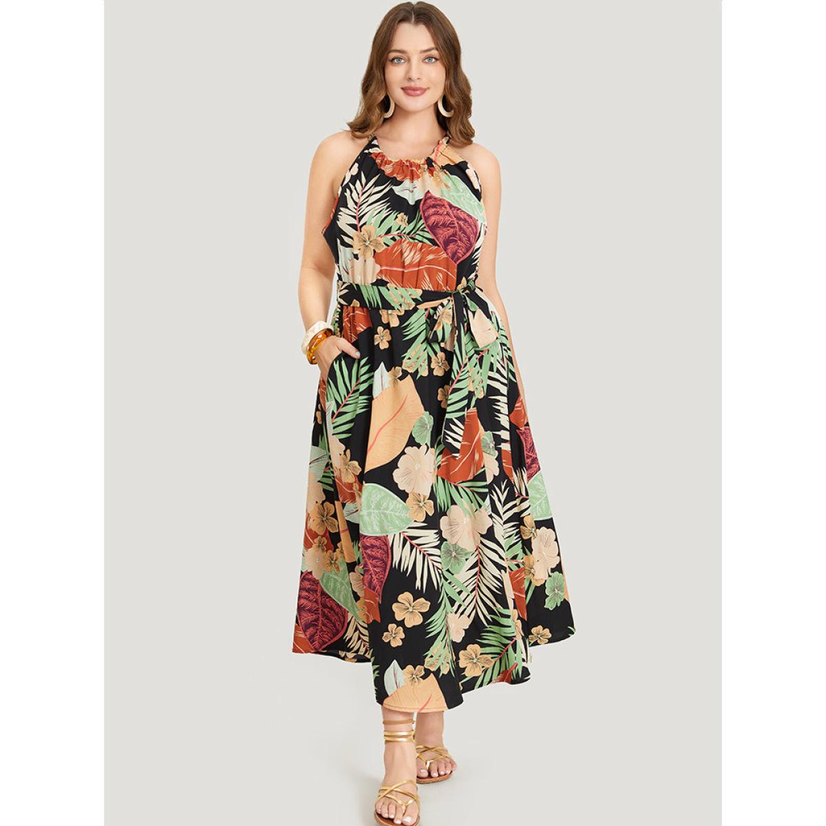 Plus Size Tropical Print Ruffle Hem Pocket Belt Knotted Halter Dress Black Women Vacation Cross straps Halter neck Sleeveless Curvy Midi Dress BloomChic 30/6X Product Image