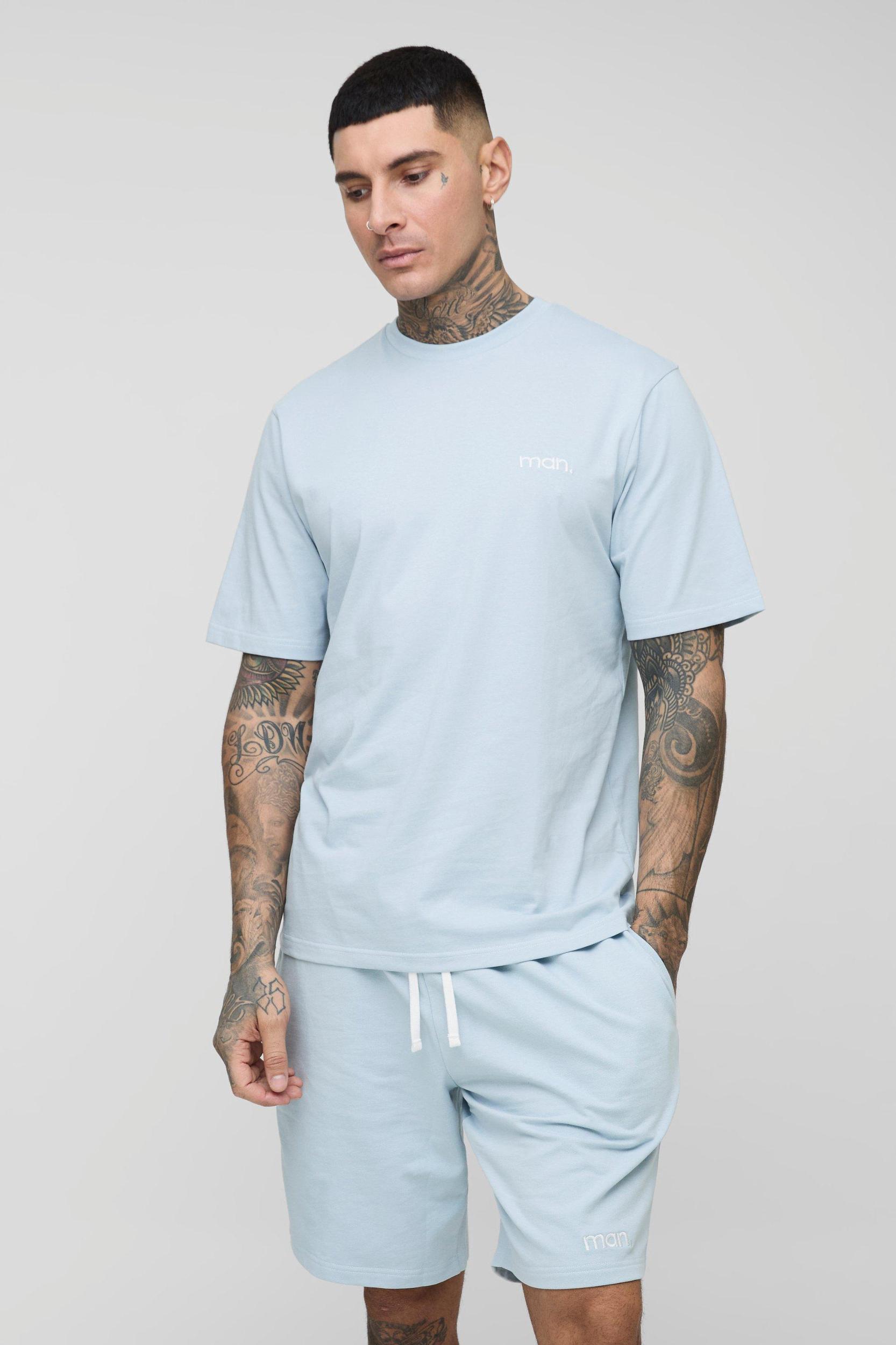 Tall Man Embroidered Regular Fit T-Shirt & Loose Fit Short Set | boohooMAN USA Product Image
