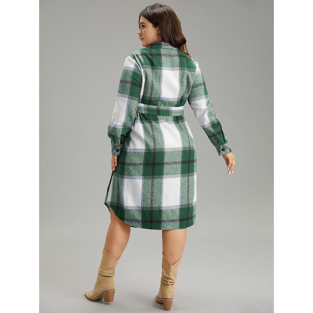 Plus Size Plaid Shirt Collar Button Through Belted Dress DarkGreen Women Casual Belted Shirt collar Long Sleeve Curvy Midi Dress BloomChic 28/5X Product Image
