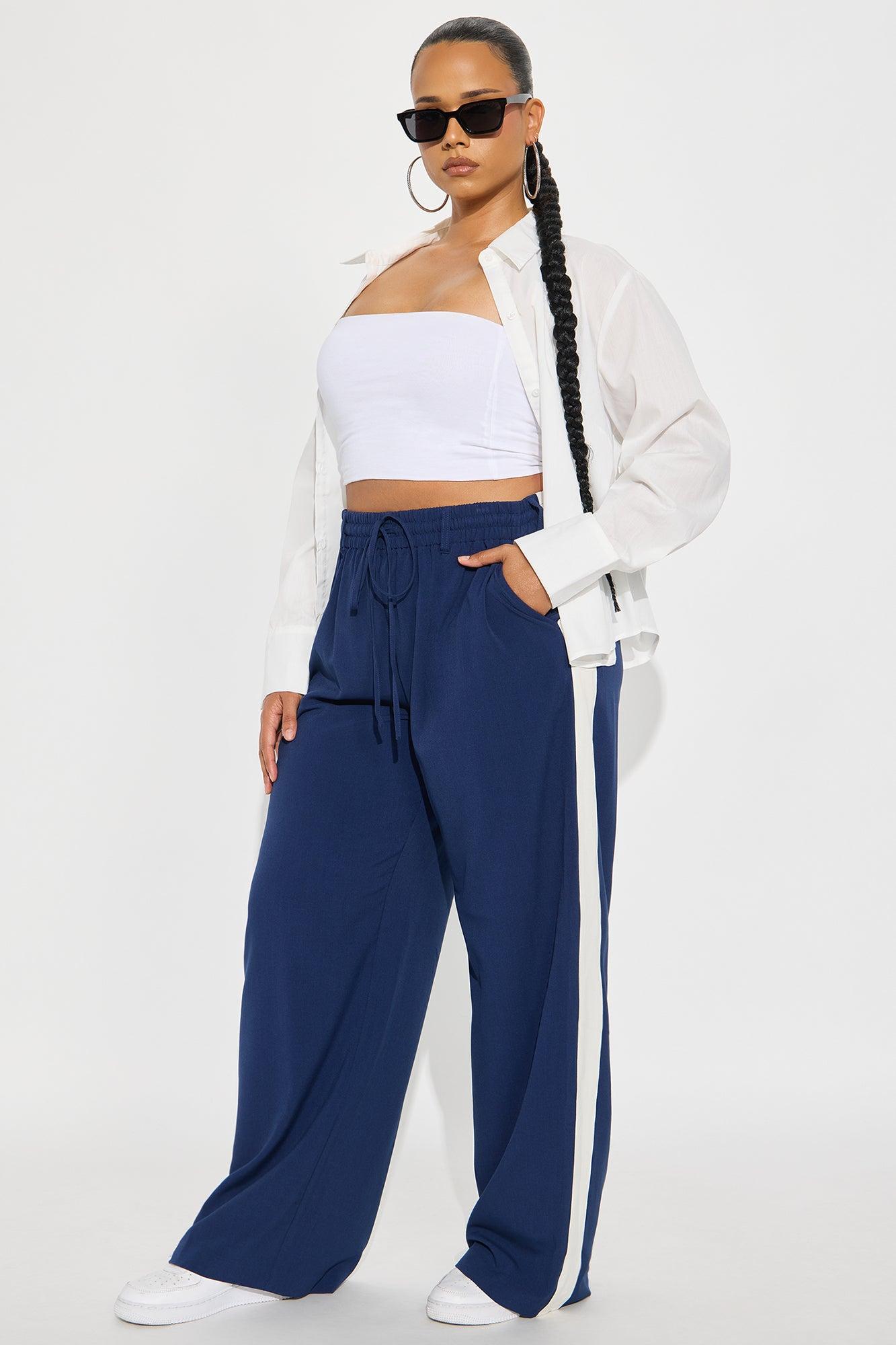On Track Wide Leg Woven Side Stripe Pants - Navy Product Image