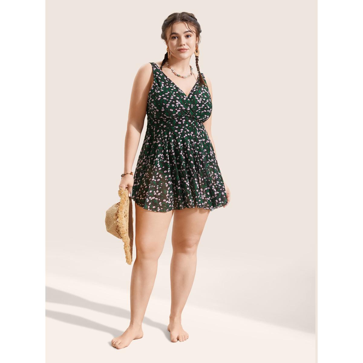 Plus Size Ditsy Floral See Through Gathered Swim Dress Women's Swimwear Black Beach Bodycon Overlap Collar High stretch Curve Swim Dresses BloomChic 10/M Product Image