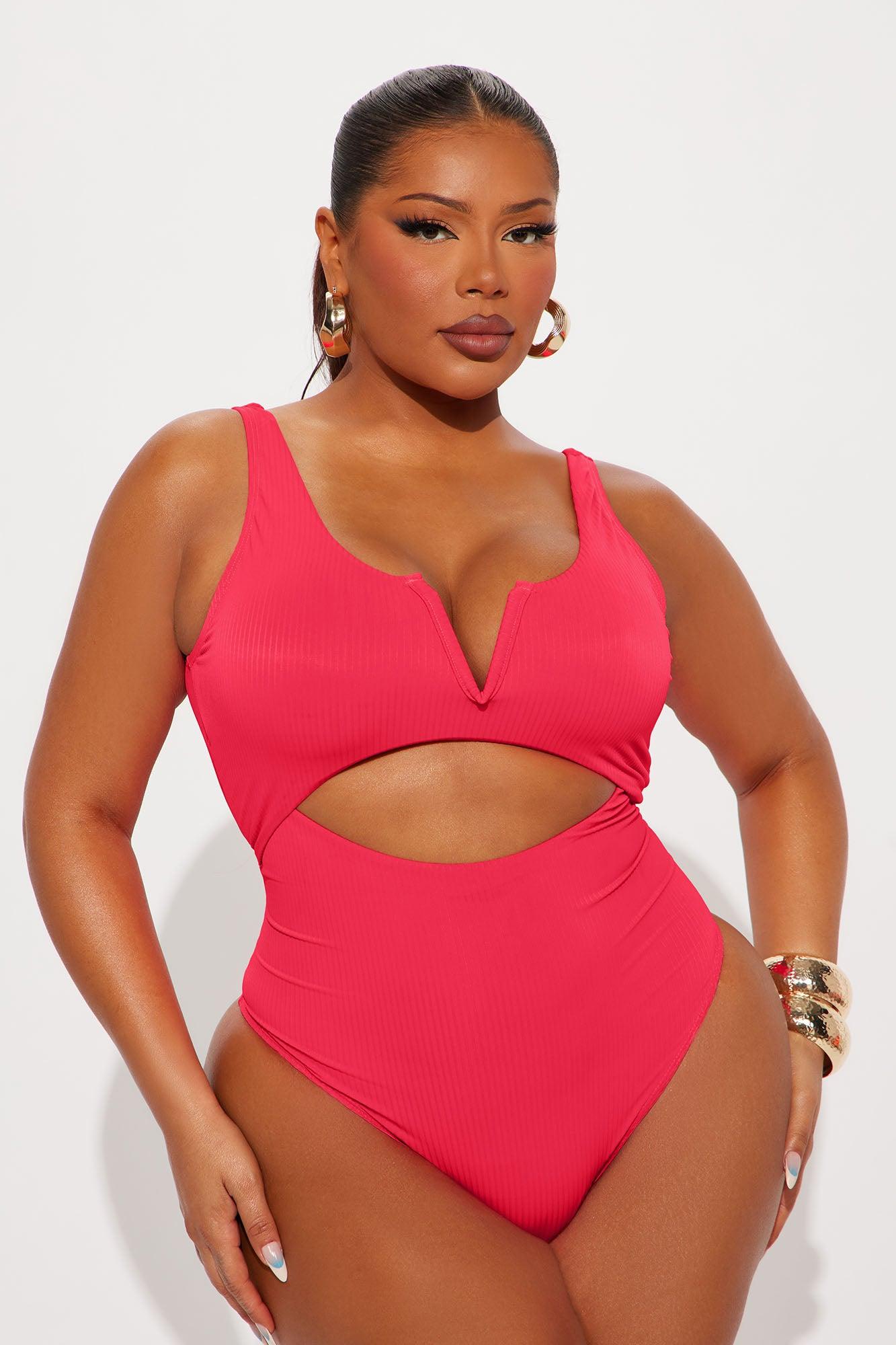 By The Shore V Wire Cutout Ribbed 1 Piece Swimsuit - Hot Pink Product Image