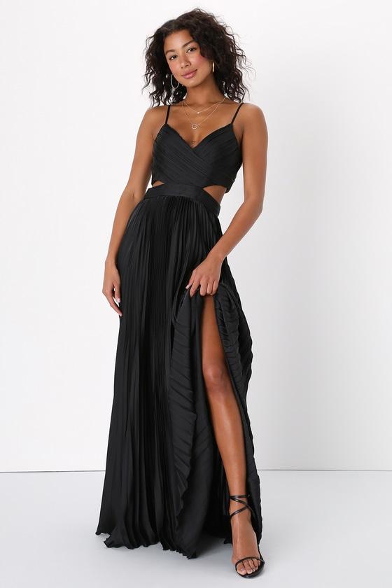 Got the Glam Black Pleated Cutout Maxi Dress Product Image