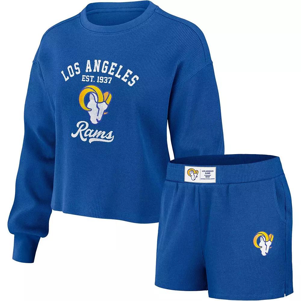 Women's WEAR by Erin Andrews Royal Los Angeles Rams Waffle Knit Long Sleeve T-Shirt & Shorts Lounge Set,  Product Image