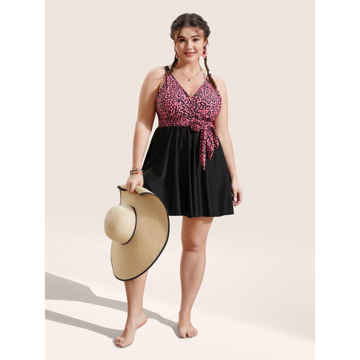 Plus Size Leopard Print Patchwork Tie Knot Swim Dress Women's Swimwear Leopard Beach Bodycon Overlap Collar High stretch Curve Swim Dresses BloomChic 14-16/1X Product Image