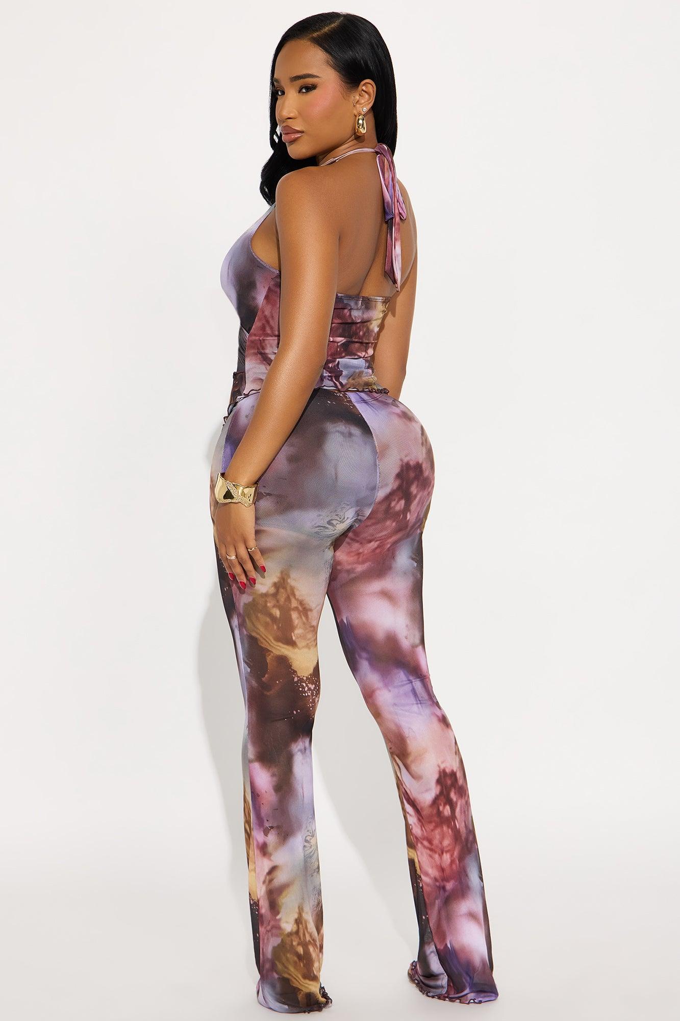 After Dark Mesh Flare Leg Jumpsuit - Plum/Multi Female Product Image