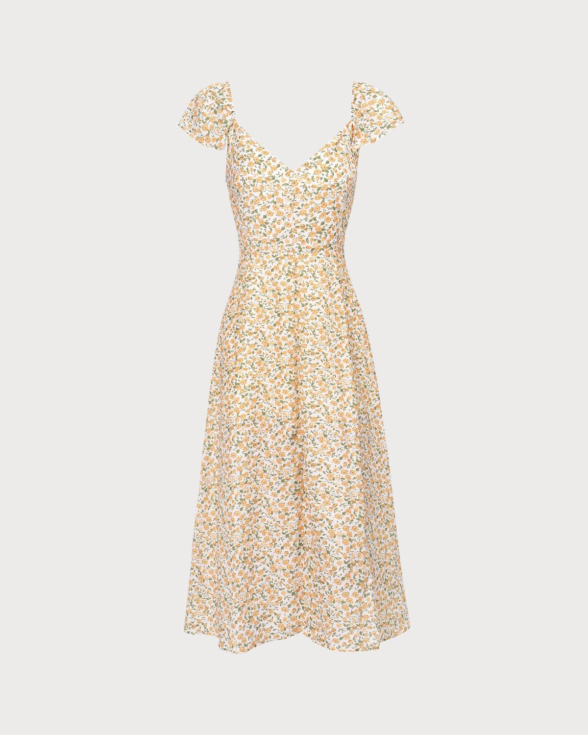 The Yellow V Neck Floral Slit Midi Dress Product Image