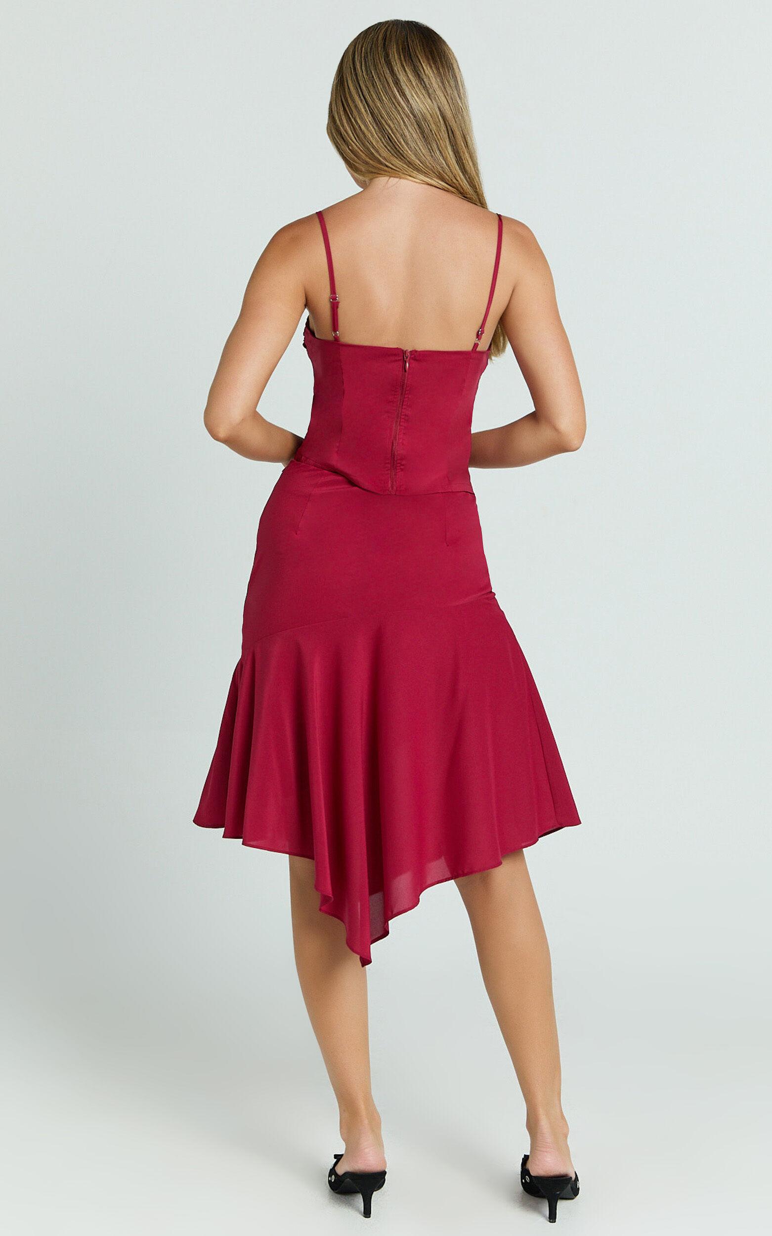 Clare Midi Skirt - Mid Waisted Asymmetric Bias Cut Slip Skirt in Cherry Red Product Image