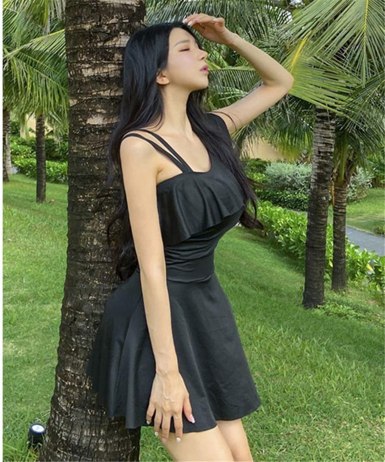 Asymmetrical Neck Plain Ruffle Swimdress Product Image