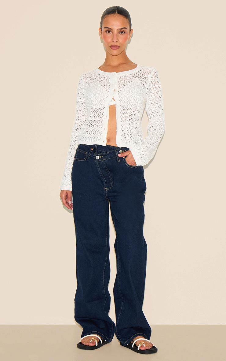 Petite Cream Knitted Crochet Button Through Long Top Product Image