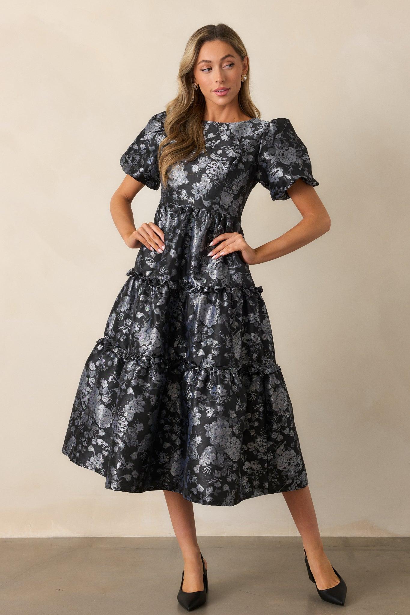 Follow My Lead Black Floral Jacquard Midi Dress Product Image