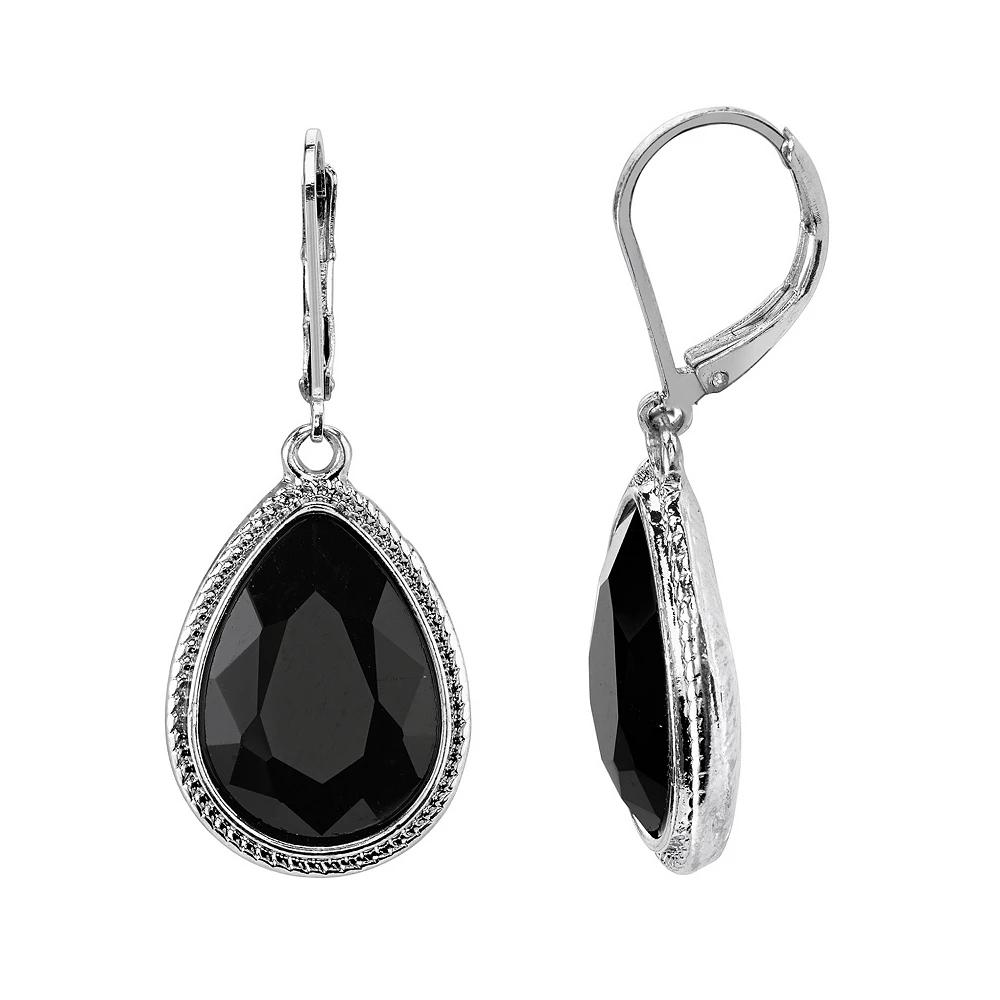 1928 Faceted Stone Teardrop Earrings, Women's, Silver Tone Black Product Image