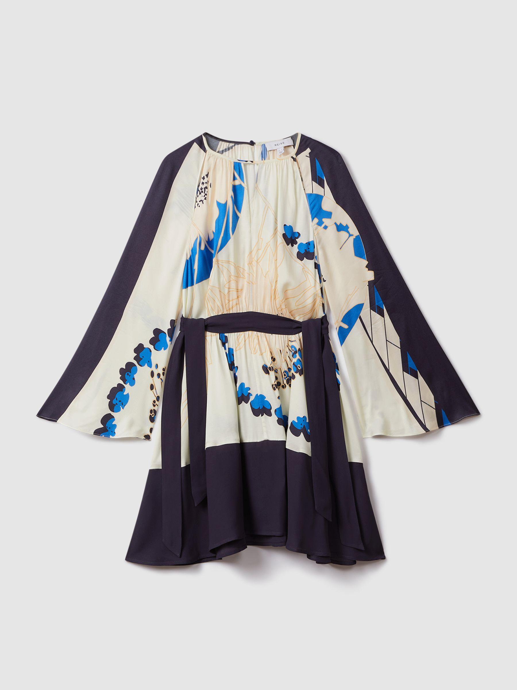 Printed Side Tie Mini Dress in Navy/Blue Product Image