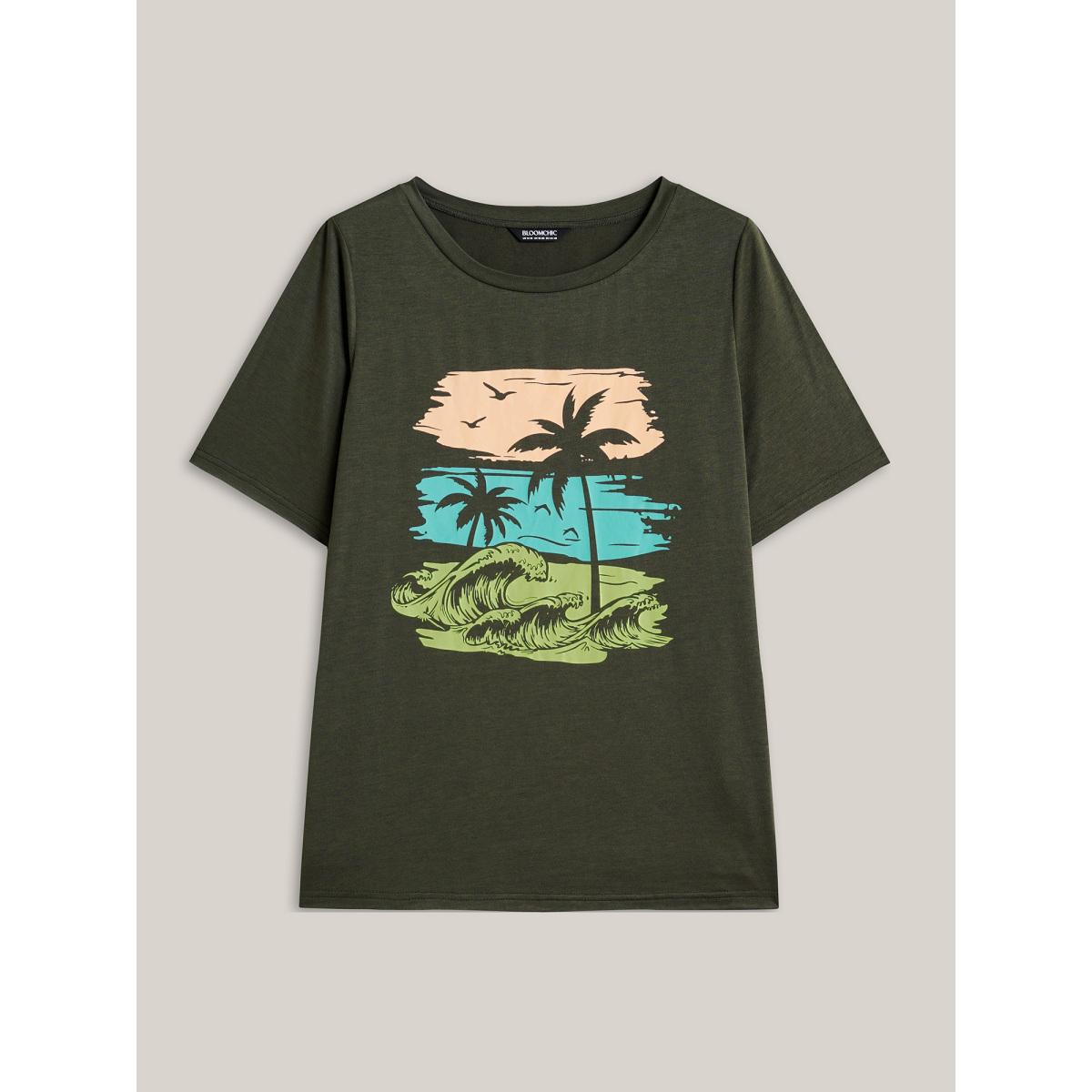 Plus Size Vacation Print Round Neck T-Shirt ArmyGreen Women Casual Non Tropical Round Neck Everyday T-shirts BloomChic 26/4X Product Image