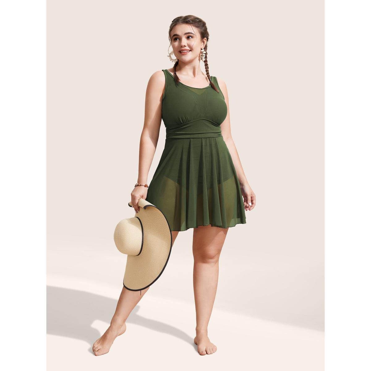 Plus Size See Through Patchwork Gathered Swim Dress Women's Swimwear ArmyGreen Beach Bodycon Round Neck High stretch Curve Swim Dresses BloomChic 28/5X Product Image