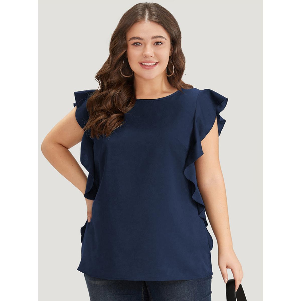 Plus Size Indigo Solid Crew Neck Ruffle Trim Blouse Women Office Cap Sleeve Round Neck Work Blouses BloomChic 12/L Product Image