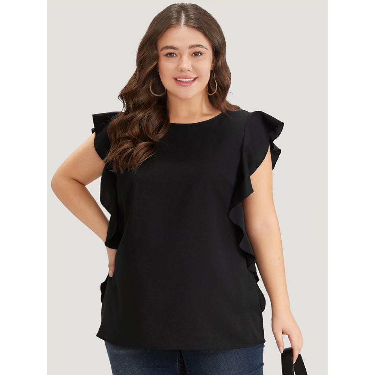 Plus Size Black Solid Crew Neck Ruffle Trim Blouse Women Office Cap Sleeve Round Neck Work Blouses BloomChic 26/4X Product Image