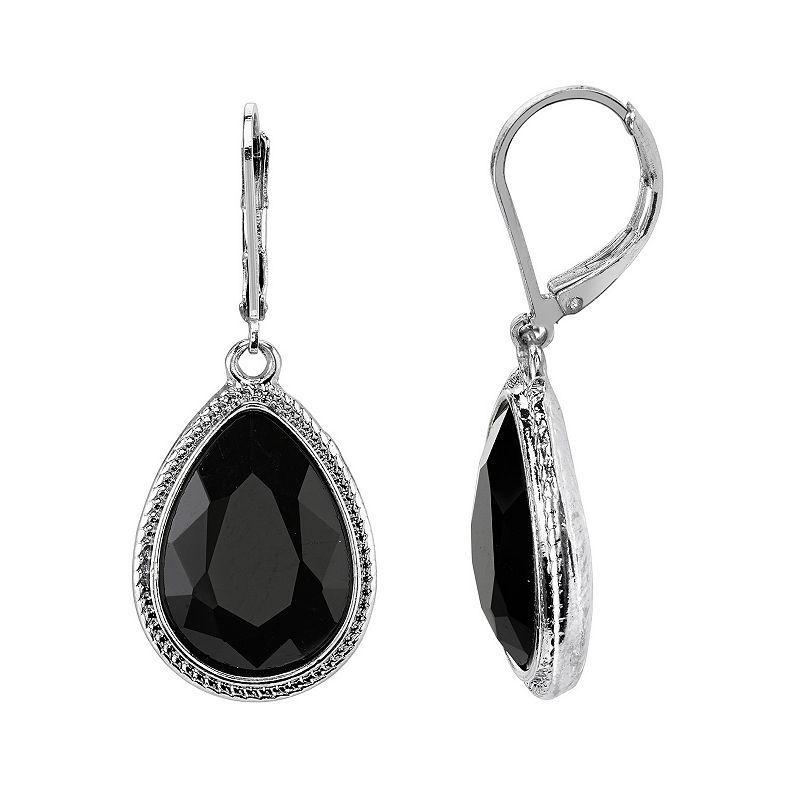 1928 Faceted Stone Teardrop Earrings, Women's, Silver Tone Black Product Image