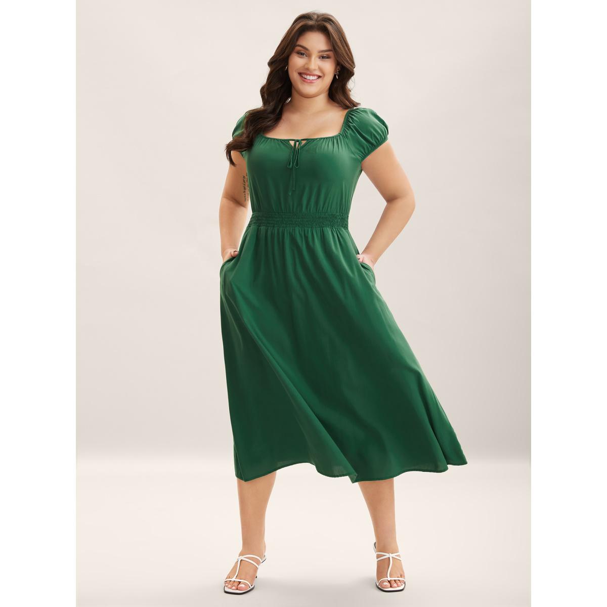 Plus Size Rayon Keyhole Pockets Solid Milkmaid Dress Emerald Women Timeless Square Neck Cap Sleeve Curvy BloomChic 14-16/1X Product Image