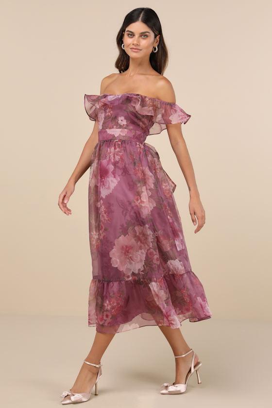 Sweet Composure Plum Floral Organza Off-the-Shoulder Midi Dress Product Image