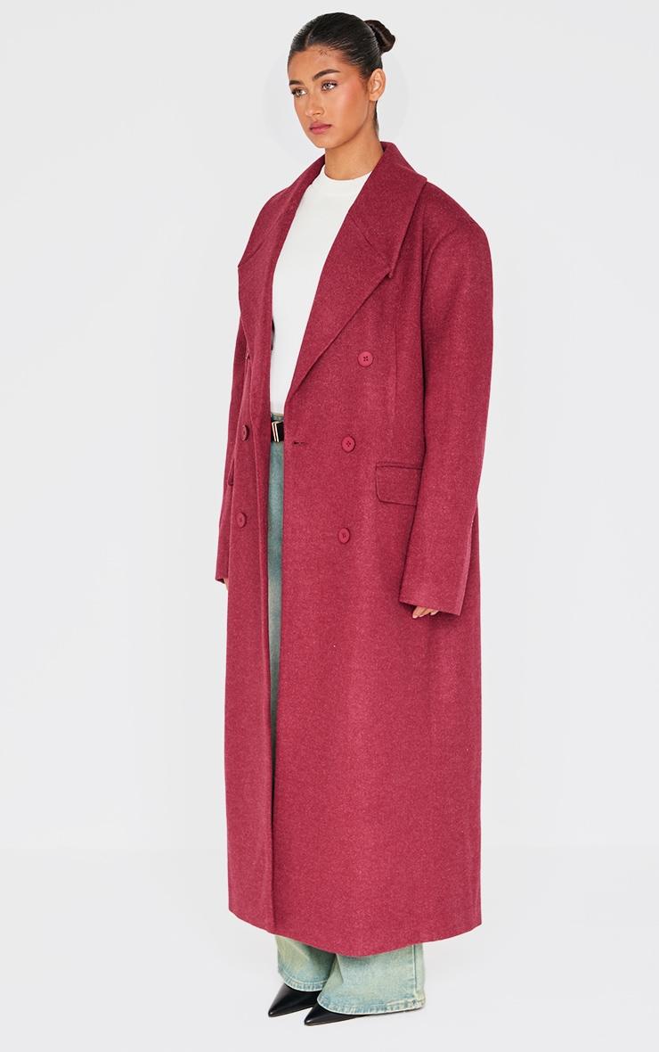 Burgundy Wool Look Double Breasted Oversized Maxi Coat Product Image