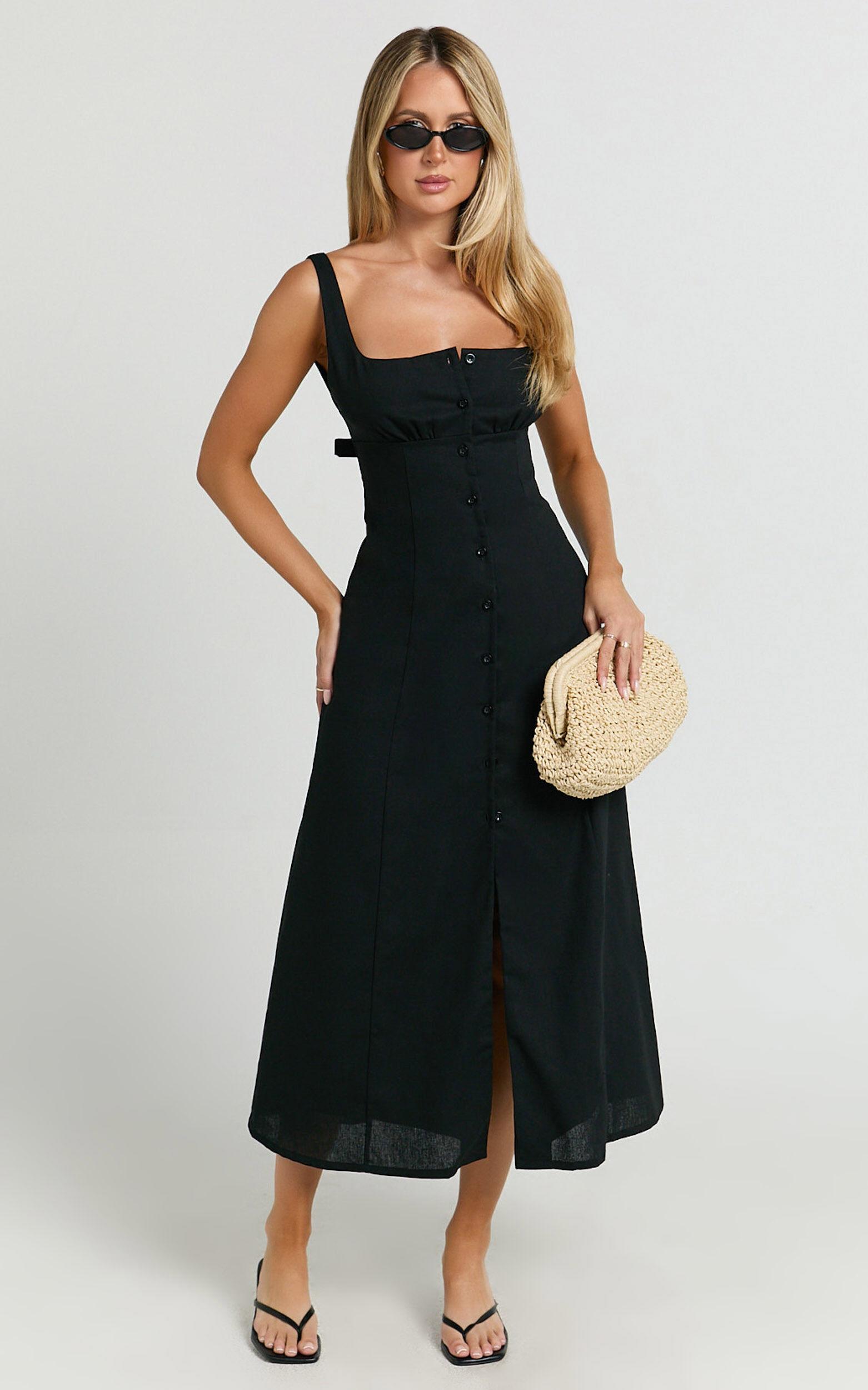 Cameron Midi Dress - Button Front Tie Back Dress in Black Product Image
