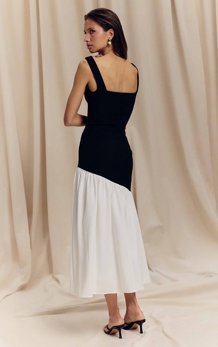 Monochrome Contrast Pleated Hem Square Neck Midaxi Dress Product Image