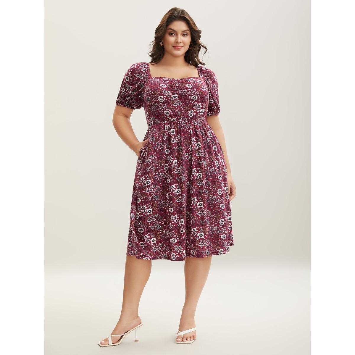 Plus Size Stretchy Ruched Bust Floral Midi Dress Burgundy Women Knit Dresses Bloomchic 10/M Product Image