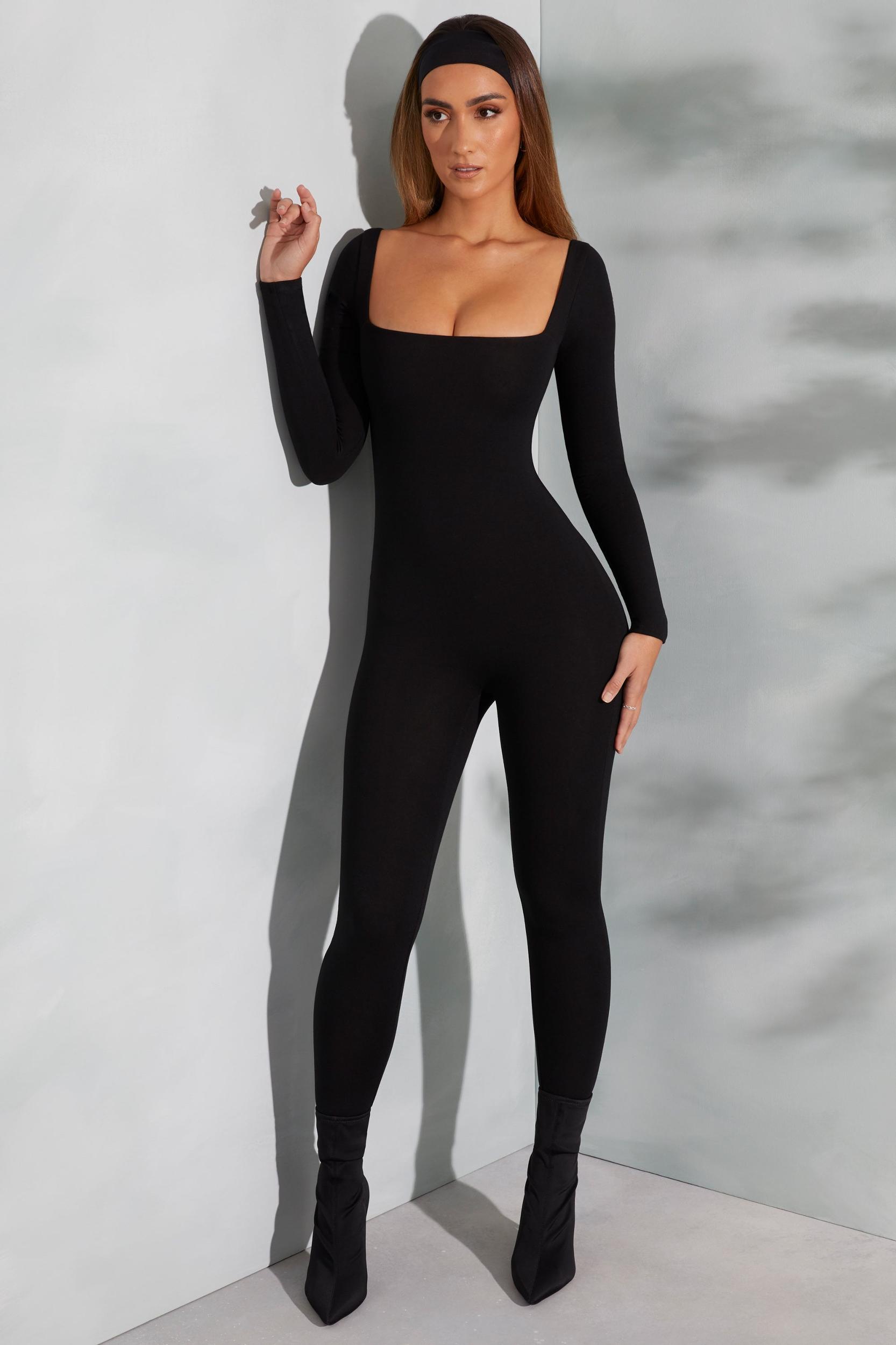 Square Neck Long Sleeve Jumpsuit in Black Product Image