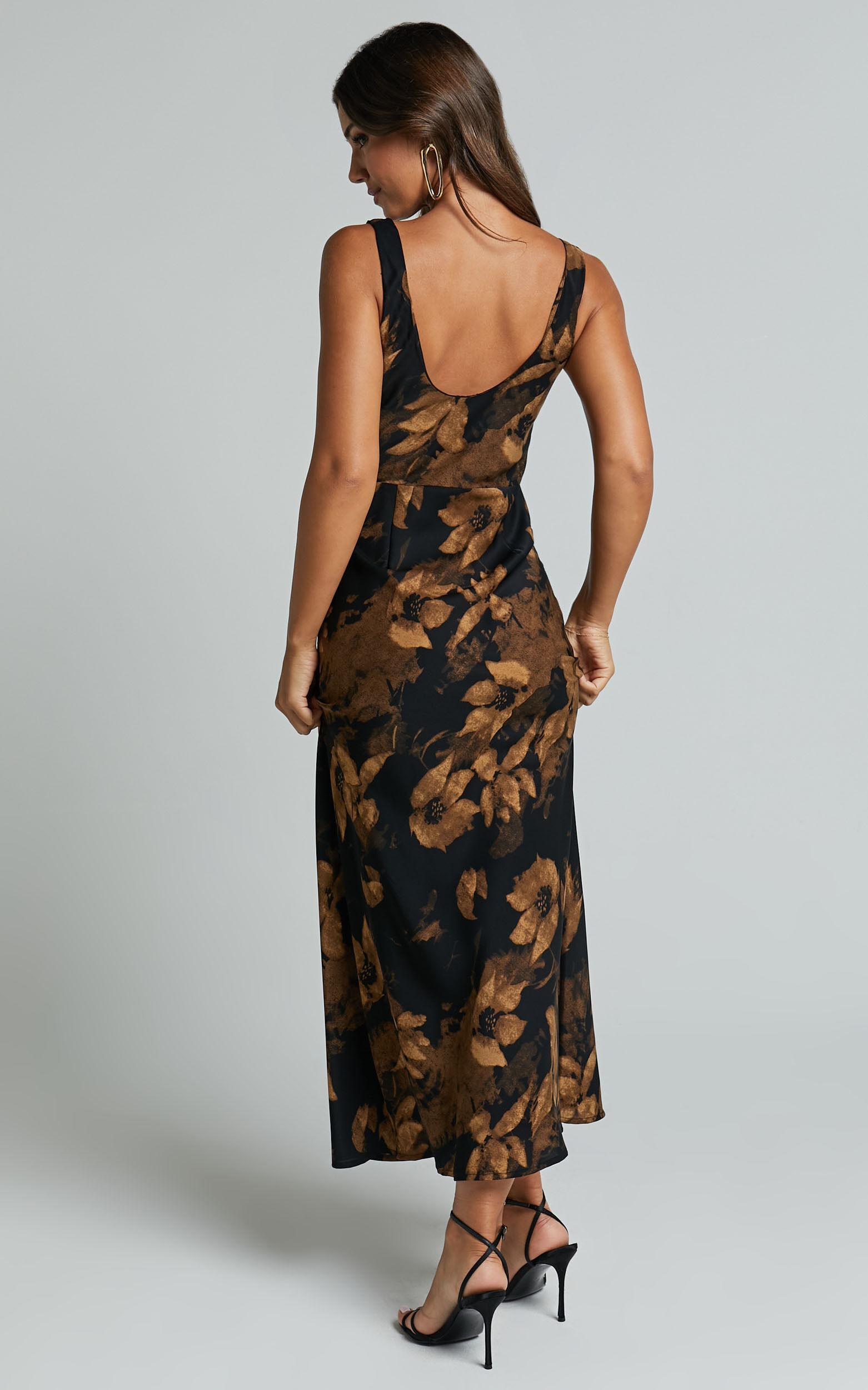 Dara Midi Dress - Low Neck Sleeveless Slip Dress in Amber Floral Print Product Image