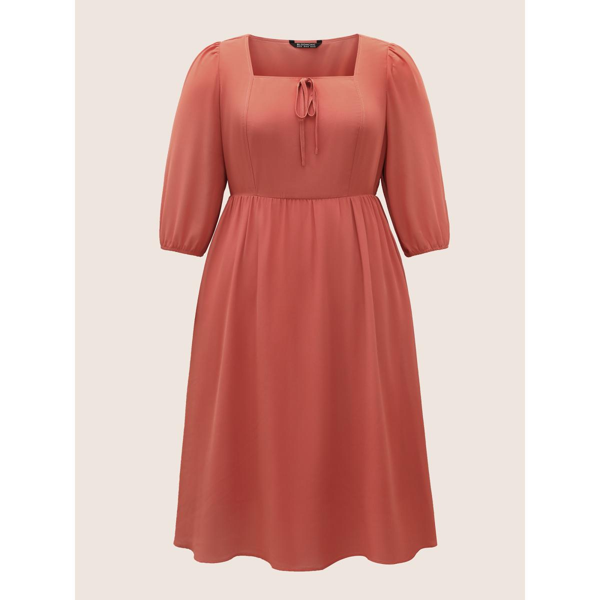 Plus Size Chiffon Plain Ties Knotted Lantern Sleeve Dress Coral Women Elegant Non Square Neck Elbow-length sleeve Curvy Midi Dress BloomChic 12/L Product Image