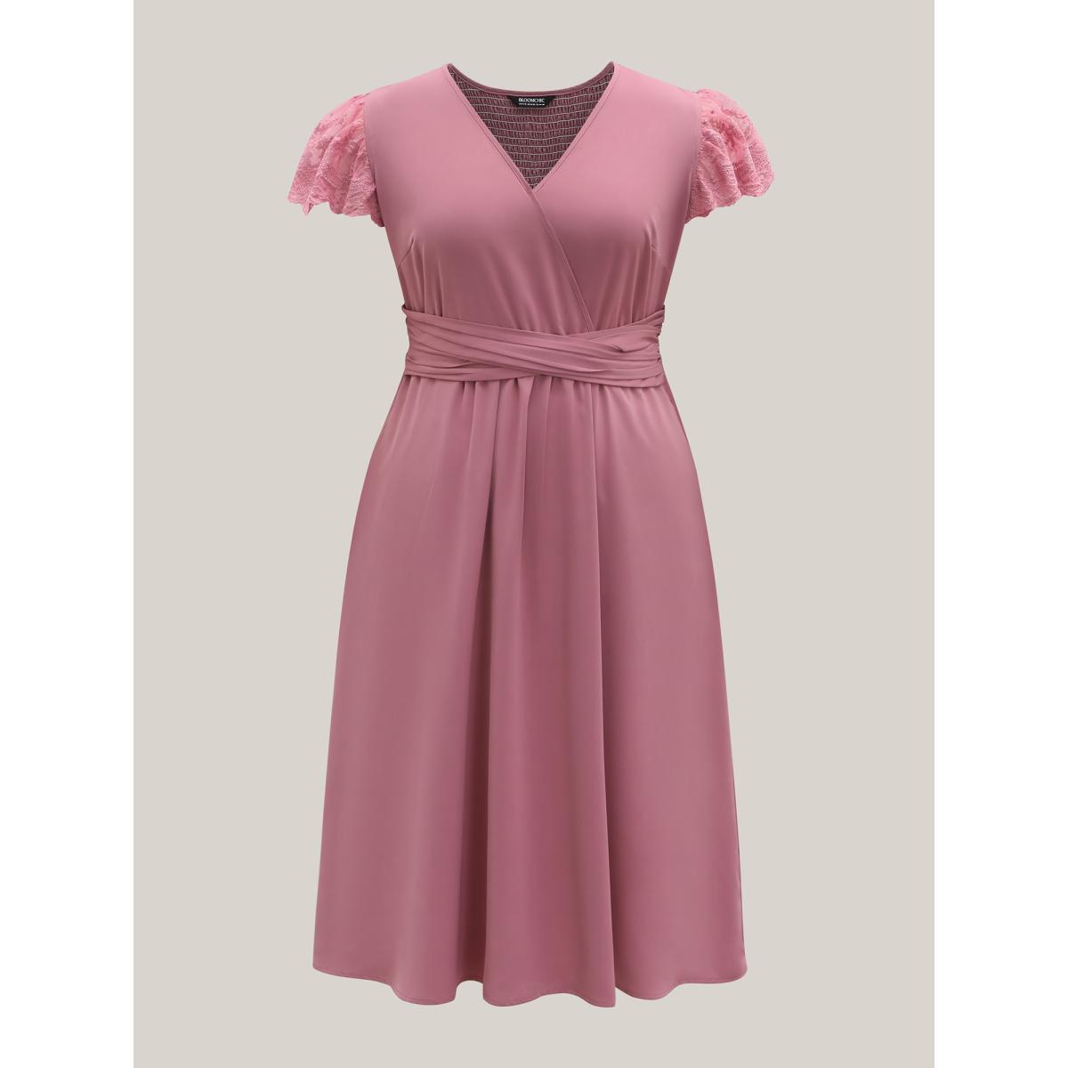 Plus Size Flutter Sleeve Lace Stretchy Waist Midi Dress DustyPink Women Elegant Woven ribbon&lace trim Overlap Collar Short sleeve Curvy BloomChic 30/6X Product Image