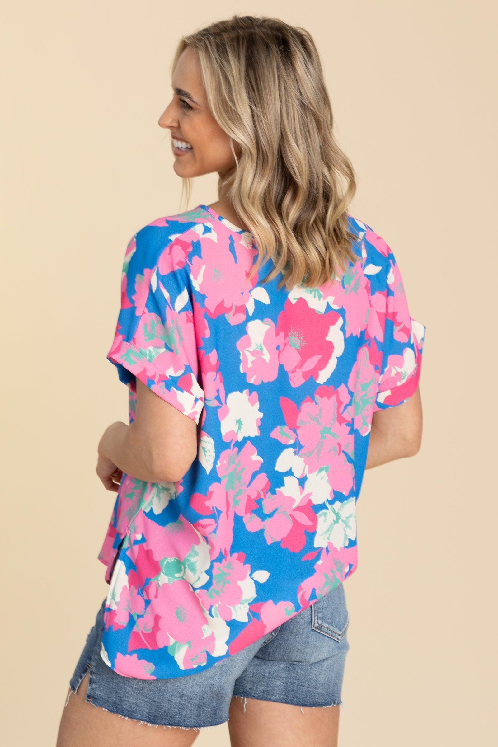 Blue and Pink Floral Print Woven Top Product Image