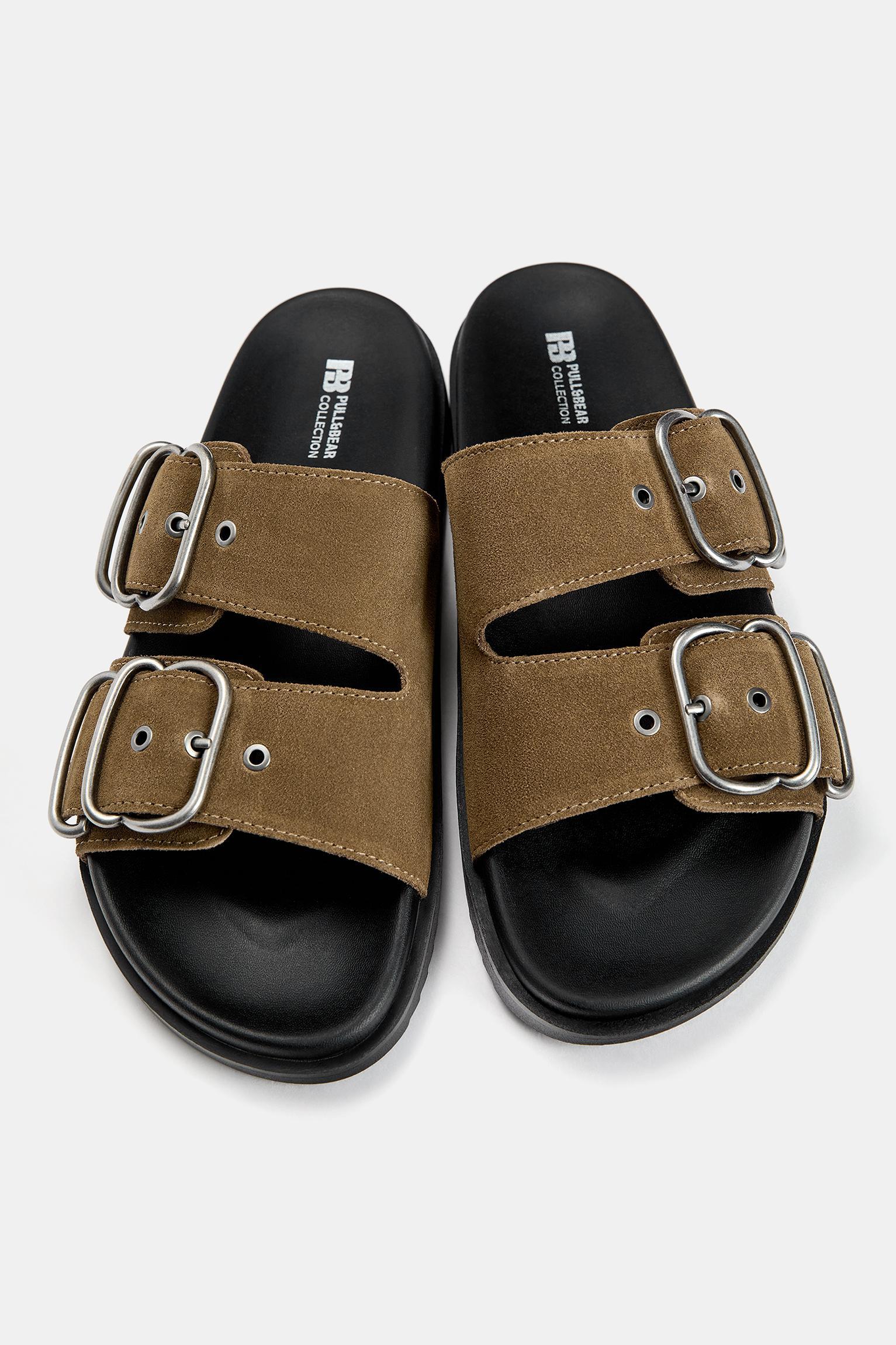 Leather flat sandals with buckles Product Image