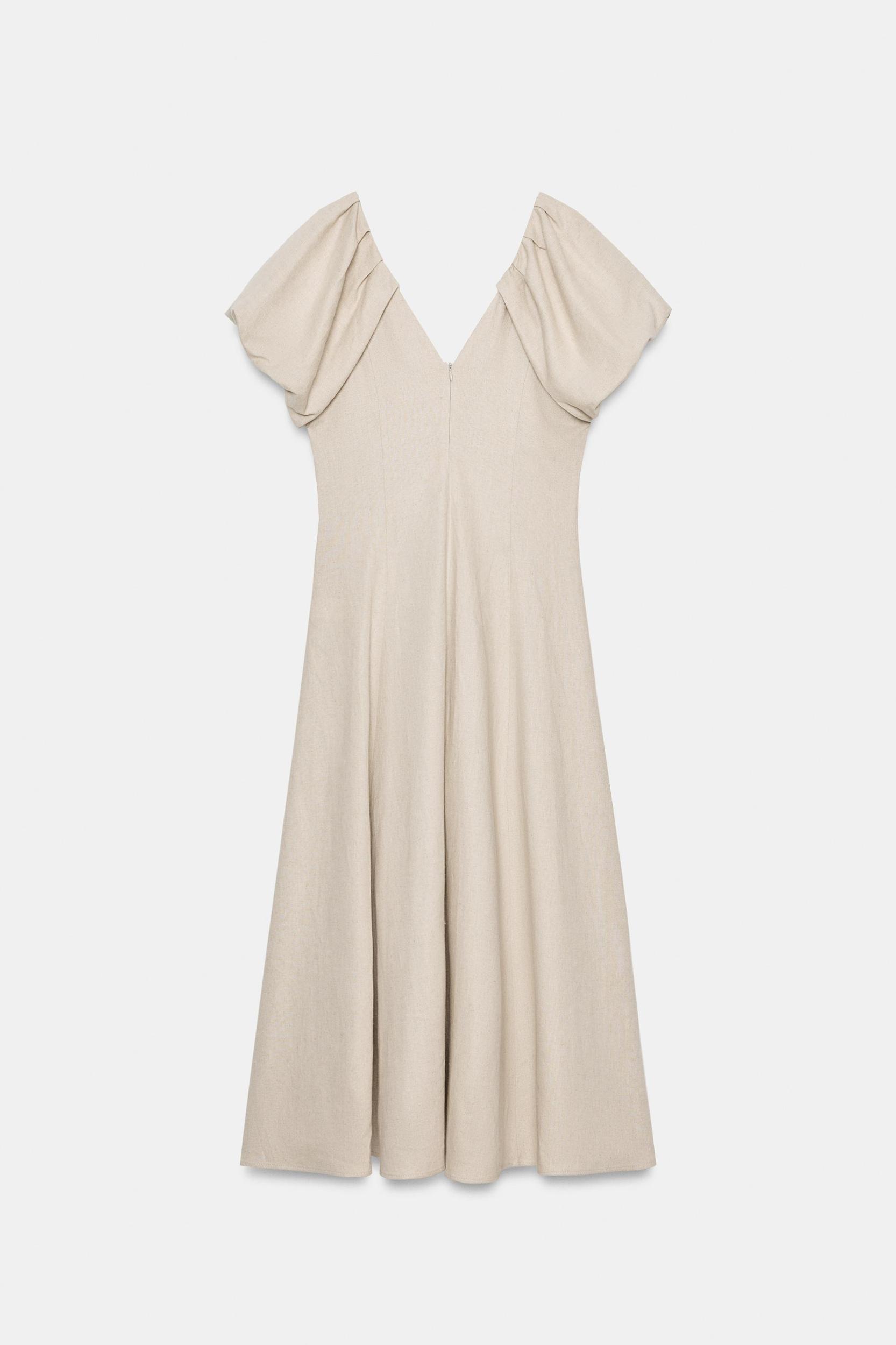 LINEN BLEND PUFF SLEEVE MIDI DRESS Product Image