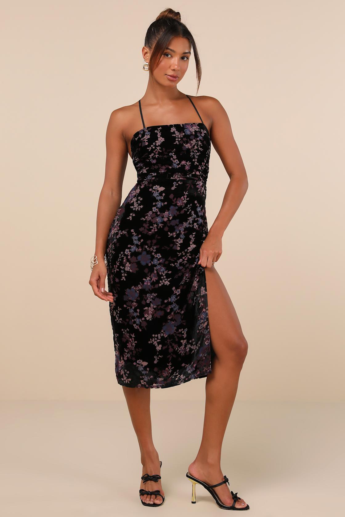 Elegant Persuasion Black Burnout Velvet Lace-Up Midi Dress Product Image