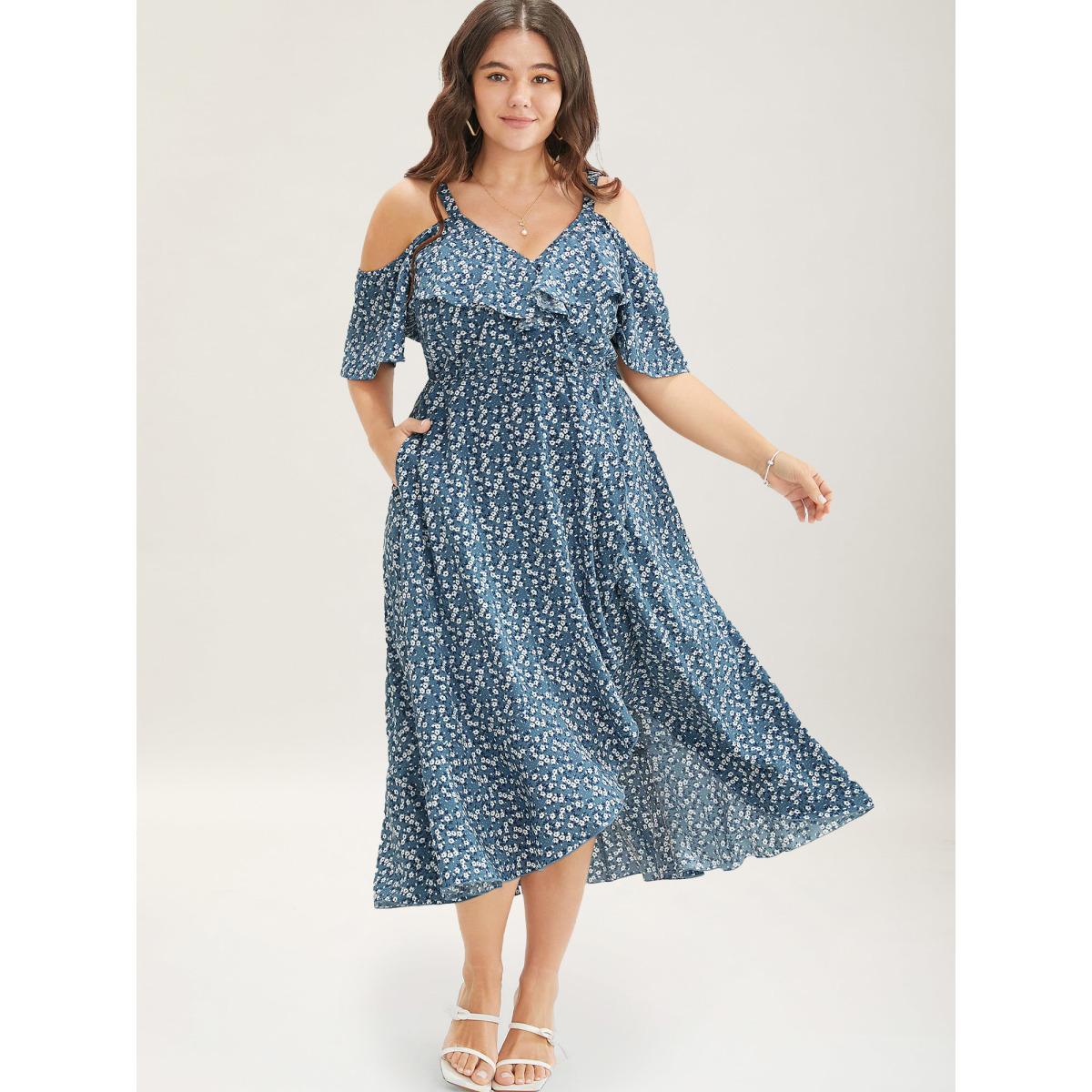 Plus Size Ditsy Floral Pocket Wrap Cold Shoulder Ruffle Dress Stone Women Romantic Non Overlap Collar Short sleeve Curvy Midi Dress BloomChic 12/L Product Image