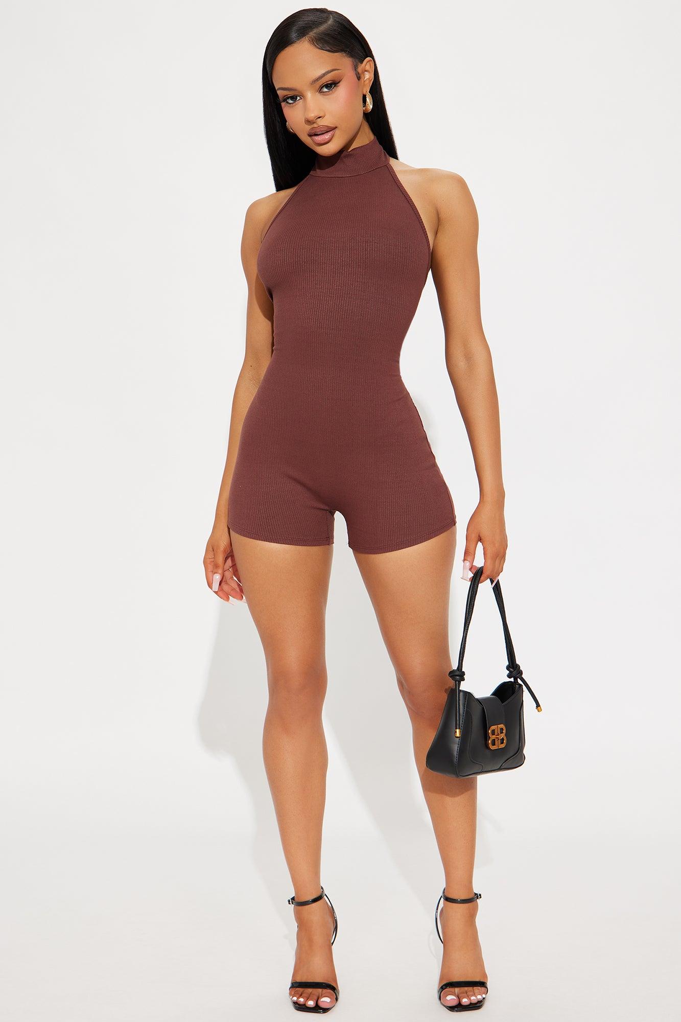 Rebecca Backless Ribbed Romper - Chocolate Product Image