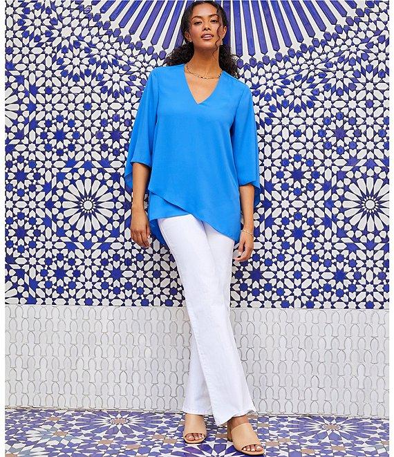 Karen Kane V-Neck 3/4 Flare Sleeve Asymmetric Crossover Hem Top Product Image