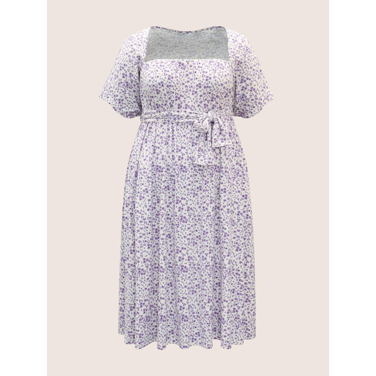 Plus Size Everywhere Dress - Ditsy Floral Belted Dress Lilac Women Elegant Belted Non Short sleeve Curvy BloomChic 14-16/1X Product Image