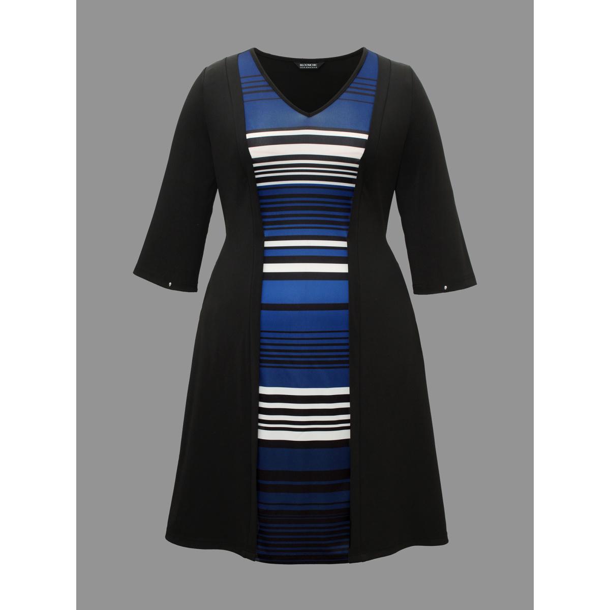 Plus Size Striped Patchwork Contrast Knit Dress Black Women Elegant Contrast Knit Dresses Bloomchic 28/5X Product Image
