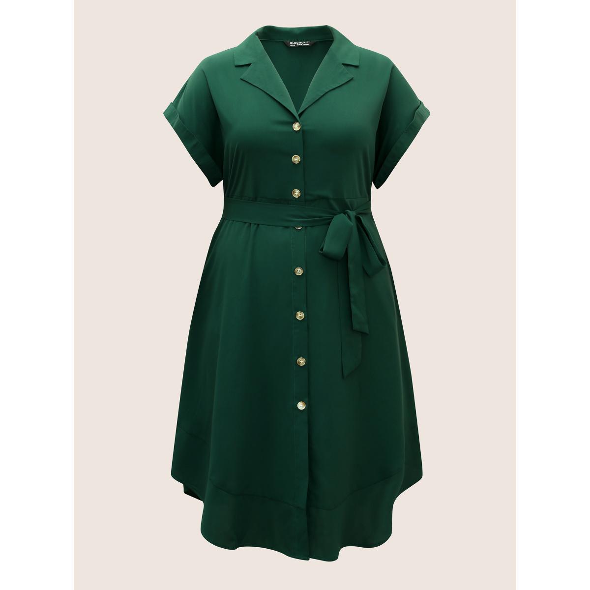 Plus Size Suit Collar Button Detail Batwing Sleeve Dress DarkGreen Women At the Office Belted Suit Collar Cap Sleeve Curvy BloomChic 18-20/2X Product Image