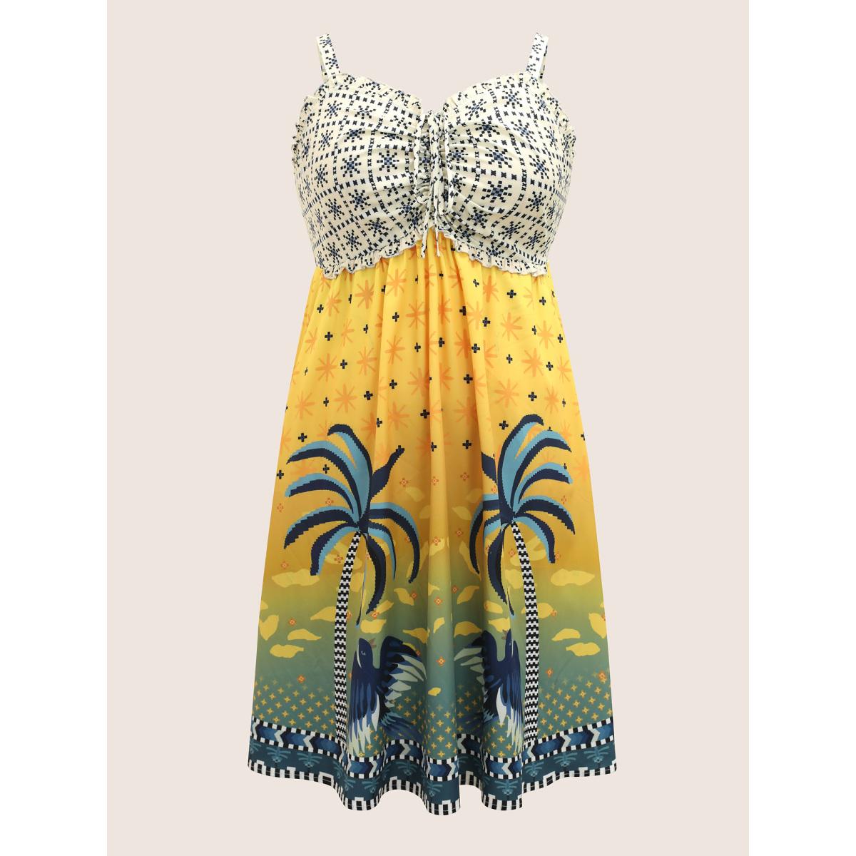 Plus Size Tropical Print Drawstring Frill Trim Dress Lightorange Women Resort Frill Trim Heart neckline Sleeveless Curvy BloomChic 28/5X Product Image