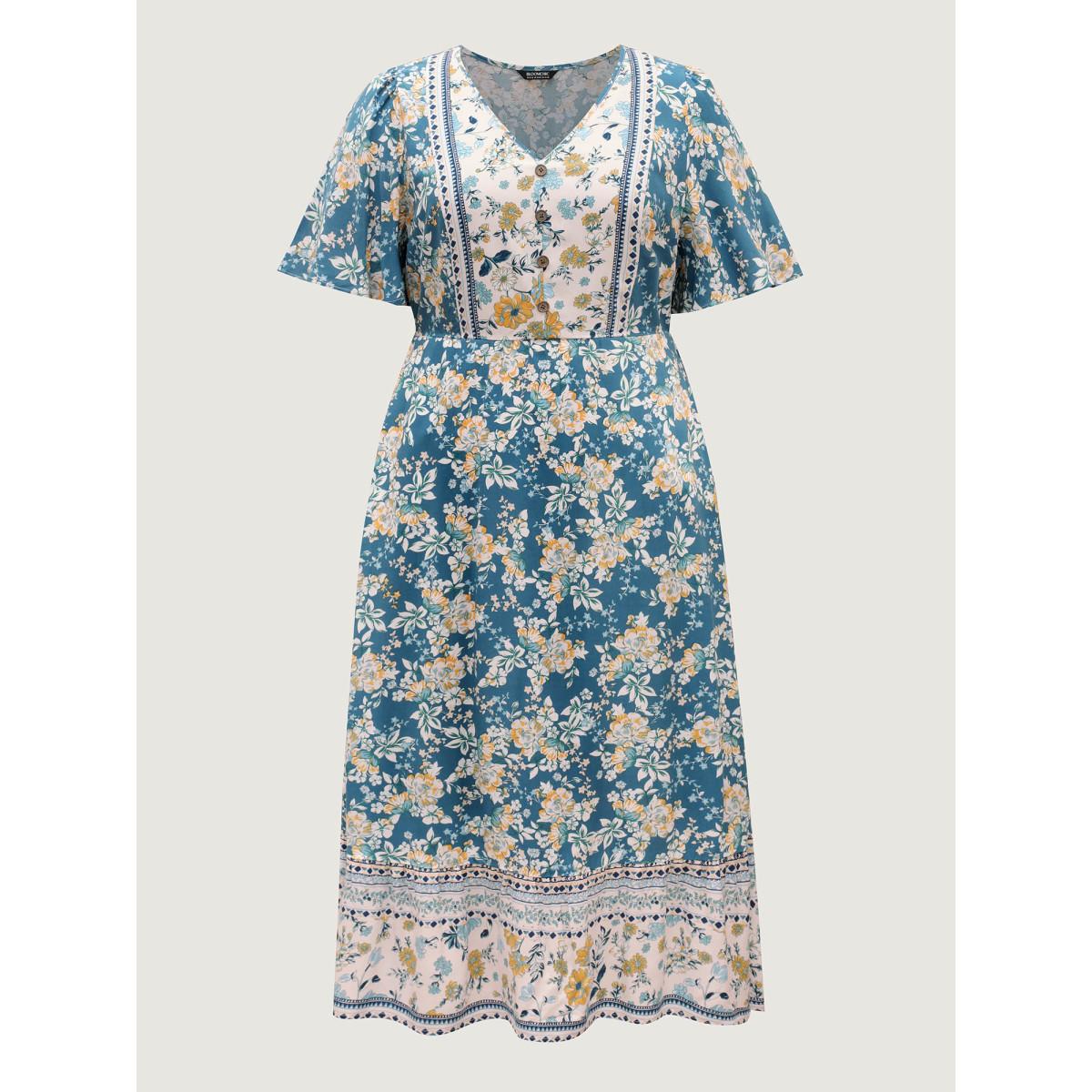 Plus Size Floral Contrast Button V-Neck Midi Dress Cerulean Women Contrast V-neck Half Sleeve Curvy BloomChic 14-16/1X Product Image