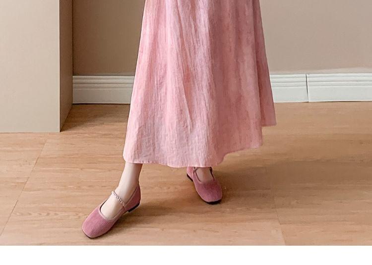 Maternity Short Sleeve Round Neck Beaded Drawstring Waist Maxi A-Line Dress Product Image