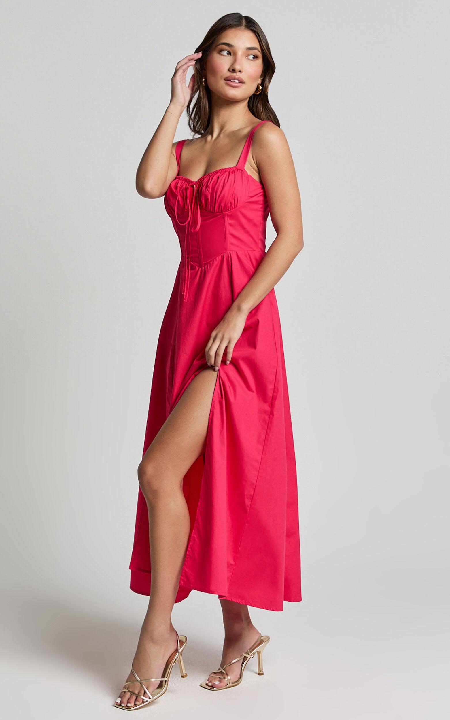 Maiya Midi Dress - Tie Front Fitted Bodice Dress in Hot Pink Product Image