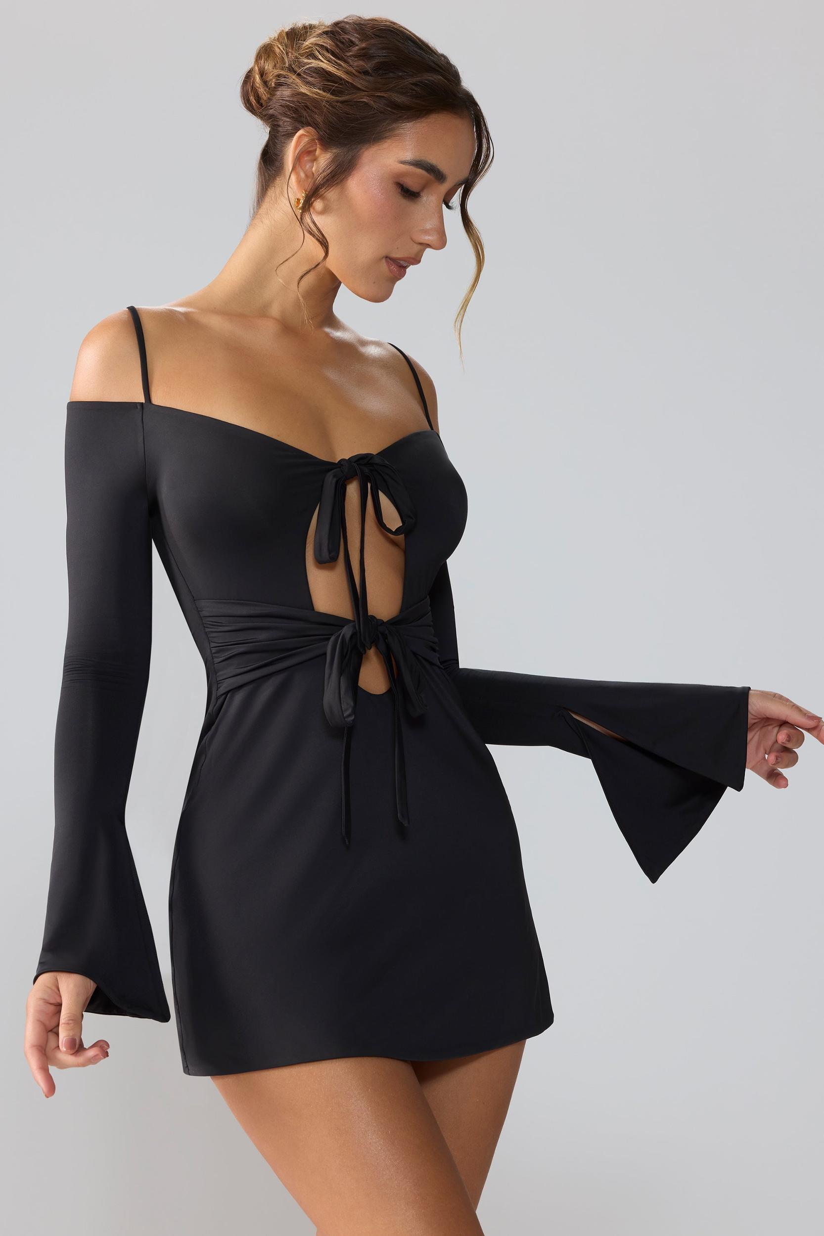 Slinky Jersey Long Sleeve Cut Out Mini Dress in Black Product Image