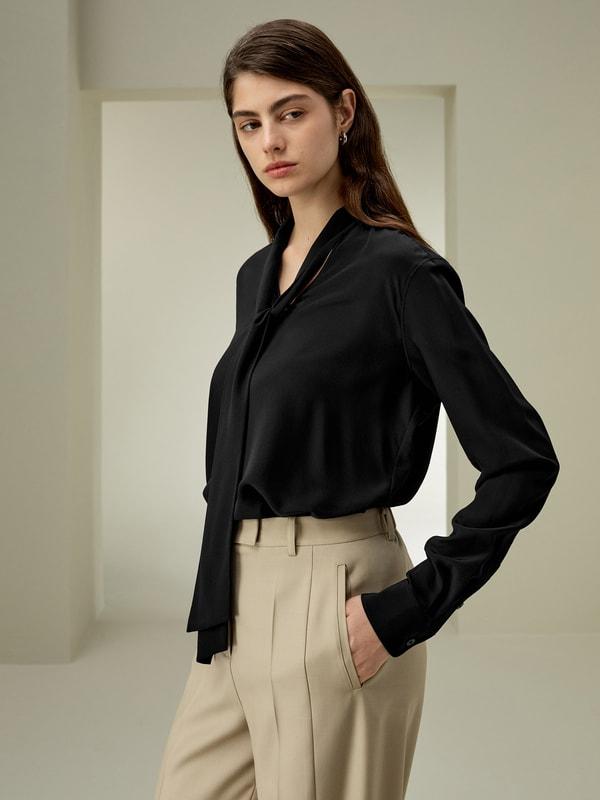 LILYSILK Womens Button Up Shirt Silk - Black Mulberry Silk - Versatile Deep V-Neck Tops S Product Image