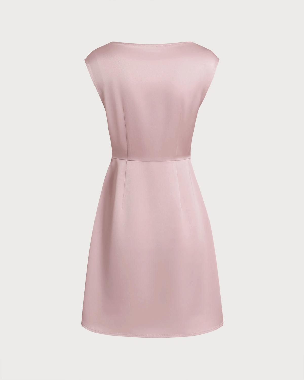 Pink Boat Neck Satin Mini Dress Product Image