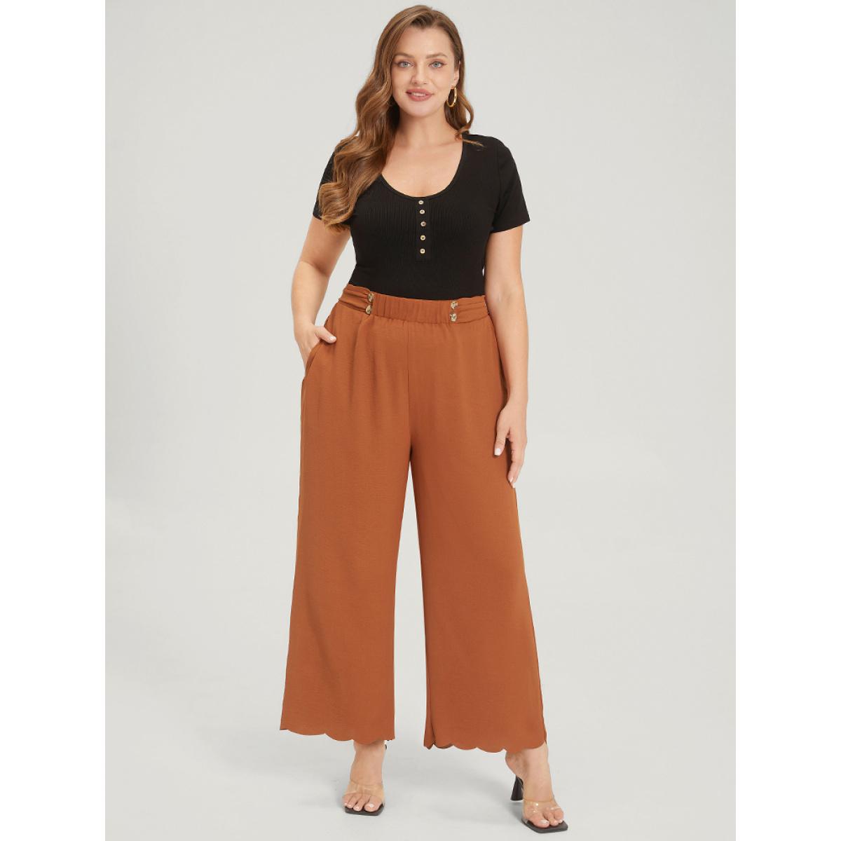Plus Size Solid Button Detail Ruched Pocket Scalloped Trim Pants Women Rust Elegant Straight Leg High Rise Dailywear Pants BloomChic 10/M Product Image
